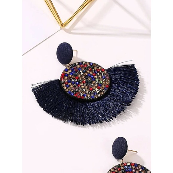 Blue Tassel Earrings, Blue Rhinestone, Bohemian - Picture 2 of 3